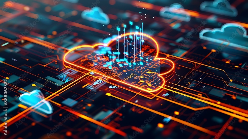 Poster High-tech image of a cloud icon surrounded by dynamic data lines and holographic elements depicting real-time data processing and cloud storage