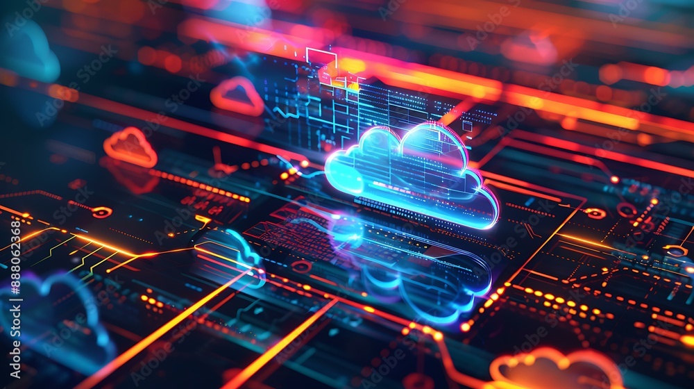 Poster High-tech image of a cloud icon surrounded by dynamic data lines and holographic elements depicting real-time data processing and cloud storage