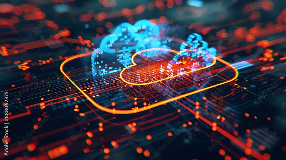 Poster High-tech image of a cloud icon surrounded by dynamic data lines and holographic elements depicting real-time data processing and cloud storage