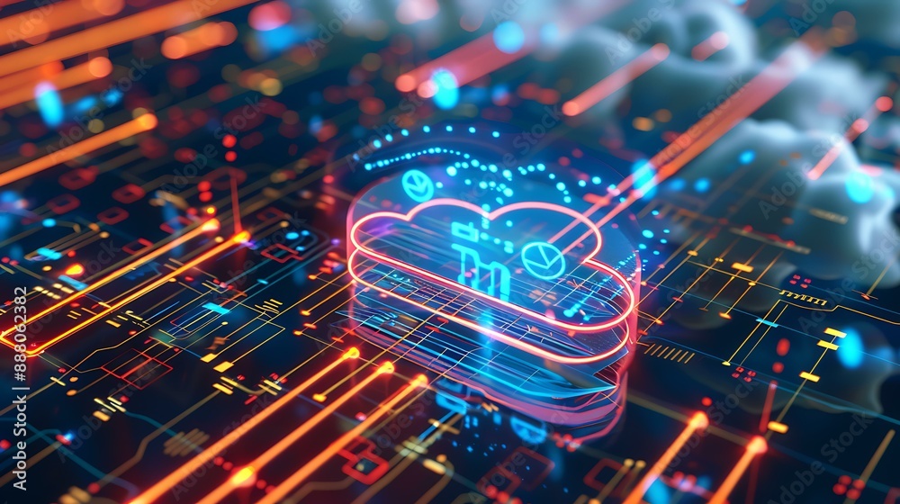 Poster High-tech image of a cloud icon surrounded by dynamic data lines and holographic elements depicting real-time data processing and cloud storage