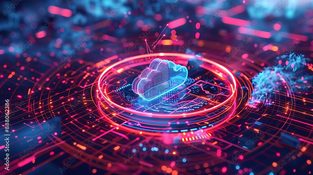 Poster High-tech image of a cloud icon surrounded by dynamic data lines and holographic elements depicting real-time data processing and cloud storage