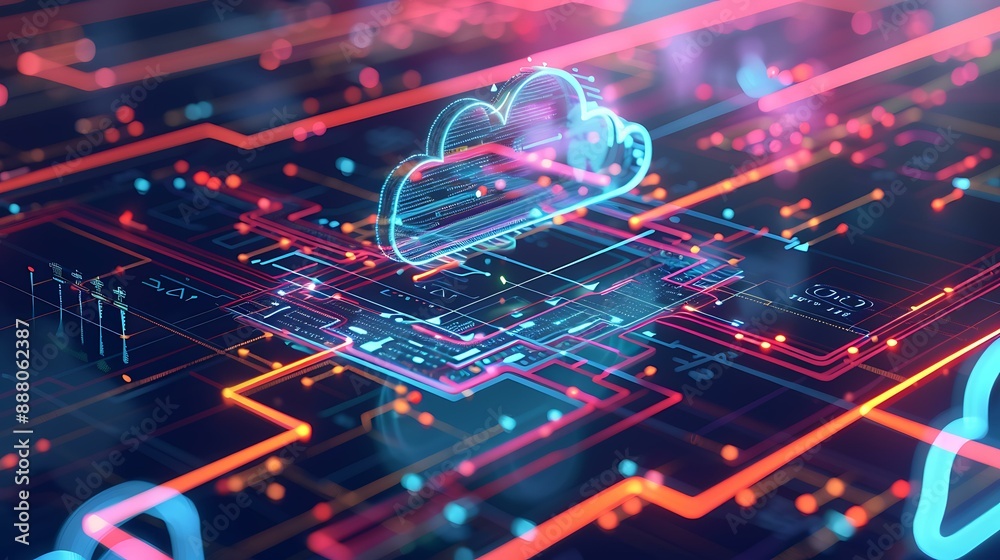 Poster High-tech image of a cloud icon surrounded by dynamic data lines and holographic elements depicting real-time data processing and cloud storage