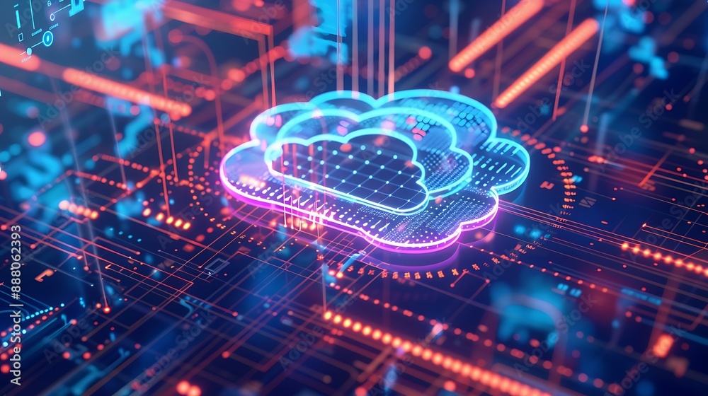  high-tech image of a cloud icon surrounded by dynamic data lines and holographic elements depicting 