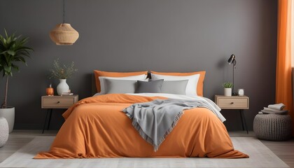 Interior bedroom interior design mockup template showcases the background bedroom with a concrete wall backdrop and raw material finishing house beautiful ideas background. Generative AI