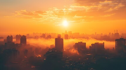 Fototapeta premium Serene Urban Skyline at Dawn with Misty Golden Sunrise Atmosphere