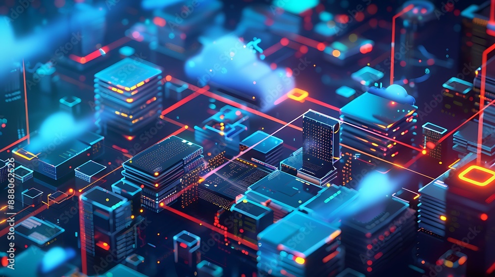 Poster modern depiction of cloud computing infrastructure with virtual servers, data pathways, and security