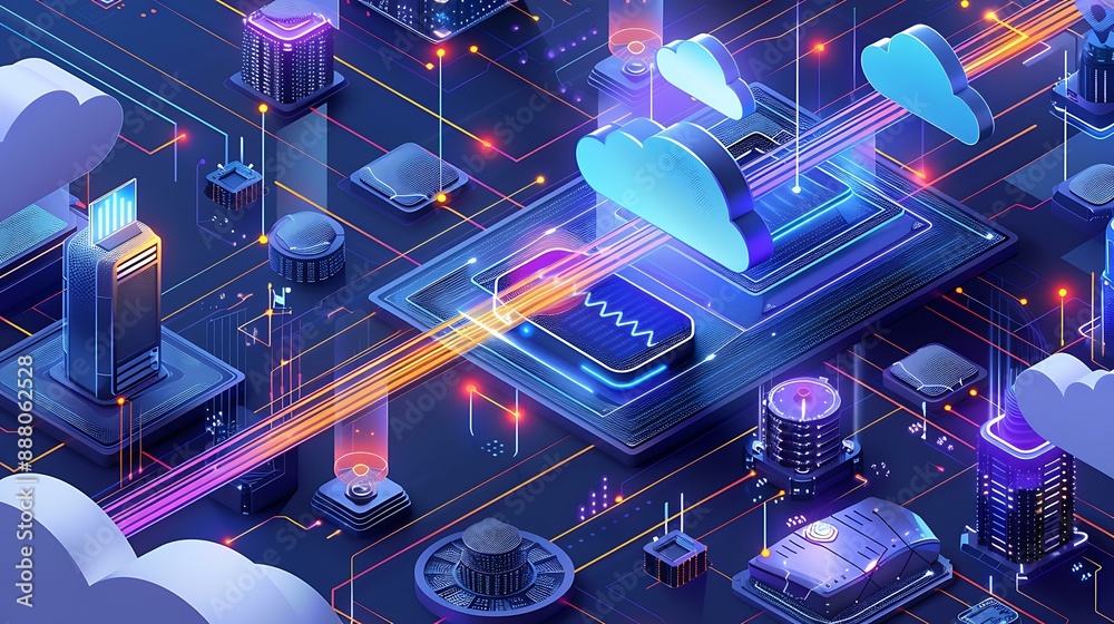 Poster modern depiction of cloud computing infrastructure with virtual servers, data pathways, and security