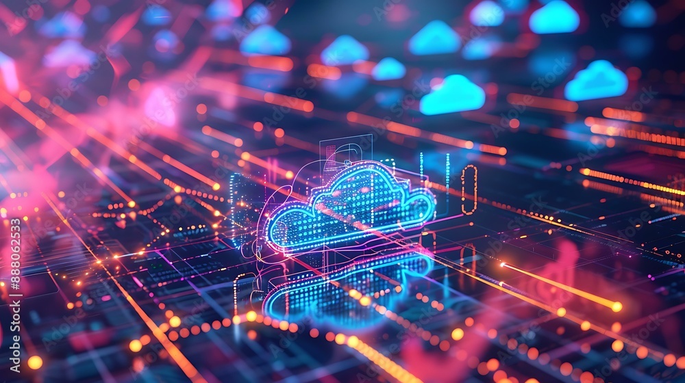 Poster visual concept of digital data transfer with cloud symbols and virtual connections highlighted by vi
