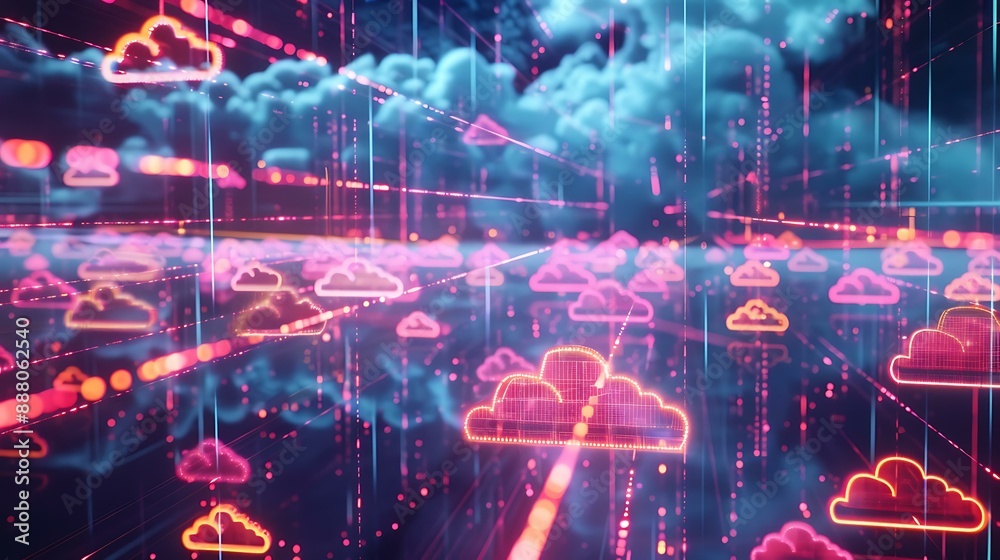 Poster visual concept of digital data transfer with cloud symbols and virtual connections highlighted by vi