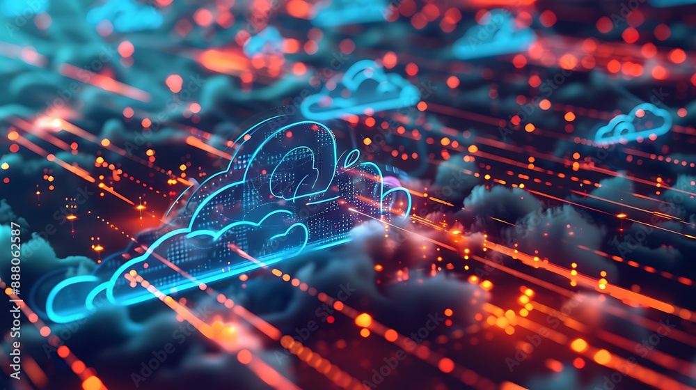 Poster visual concept of digital data transfer with cloud symbols and virtual connections highlighted by vi