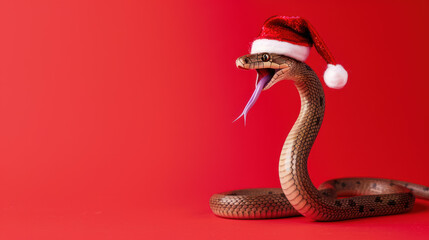 Fototapeta premium Snake with an open mouth wearing a Santa Claus hat on a red background. New Year 2025. Copy space.