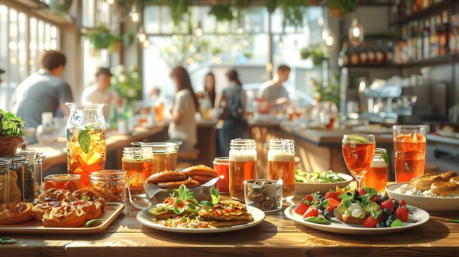 Infographic highlighting cultural diversity of American brunch culture classic egg benedict pancake trendy avocado toast bottomless mimosa brunch illustrated hyper realistic style against backdrop of