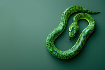 Fototapeta premium Coiled snake on a green background. New Year 2025. Top view.