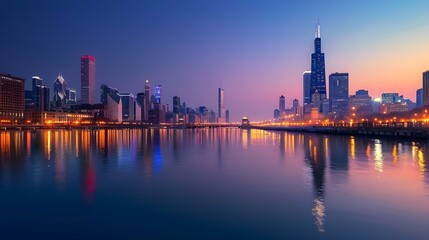 Obraz premium Serene Evening Cityscape with Mirrored Skyline Reflected in Calm Waters