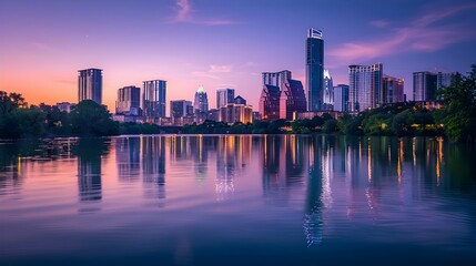 Fototapeta premium Enchanting Cityscape Reflected in Tranquil Waters,Urban Waterfront Serenity