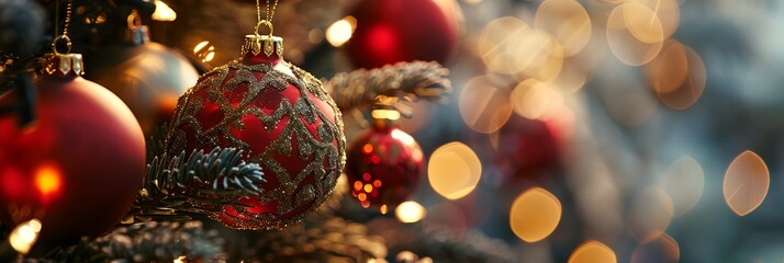a close up of a Christmas tree with ornaments on it