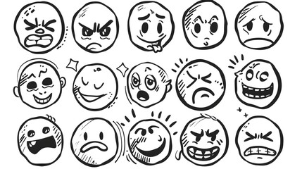 Doodle Emoji face icon set. Hand drawn sketch style. Emoji with different emotion mood, happy, sad, smile face. Comic line art vector illustration.