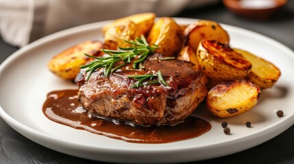 Grilled steak with rosemary and roasted potatoes in rich brown sauce..