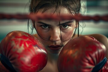 A fierce female boxer in red gloves is intensely focused and determined as she prepares for a match in the ring. Women's Equality Day, women in sport, women in leadership