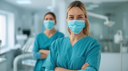 Female healthcare workers in blue scrubs and face masks standing in a hospital..