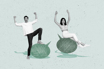 Collage image sketch of cheerful crazy attractive people have fun fist yes hooray isolated on...