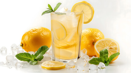Fototapeta premium Refreshing Lemonade Drink with Ice and Mint on White Background
