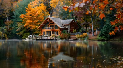 Fototapeta premium Log cabin by the lake in the woods, water reflections in fall, secluded lake house getaway