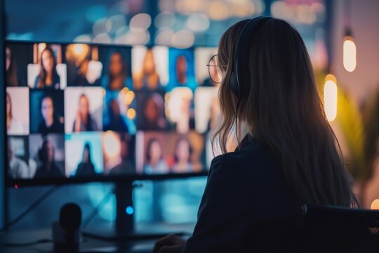 A person is attending a virtual meeting with numerous participants in a comfortable and contemporary setting. Womens Equality Day, women's speaking online, women in leadership