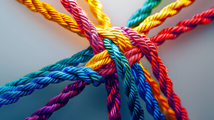 A group of colorful ropes coming together to form a direction arrow. Teamwork concept
