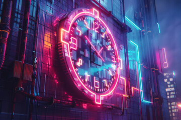 A glowing pink and blue neon clock on a building in the middle of a cyberpunk city.