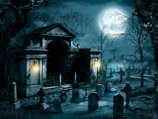 Entrance to a large haunted grave site, mausoleum, in a spooky gothic cemetery at full moon