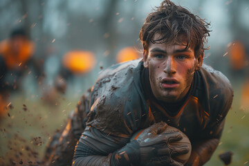 Obraz premium Male rubgy player catch the ball in dirt