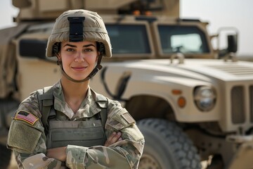 Fototapeta premium A confident female soldier in uniform stands before a military vehicle, displaying strength and determination. Womens Equality Day, Women in the army, Patriot Day