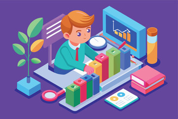 A Boy Engaged in Analysis - Isometric Illustrations in Blue