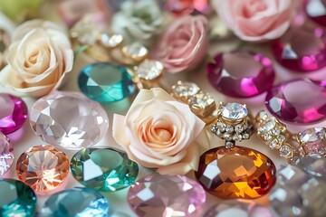 Close up of colorful gemstones and delicate roses.