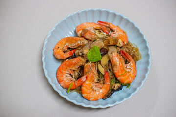 Baked Shrimp with Glass Noodles. Cuisine Thailand style on top view. 
