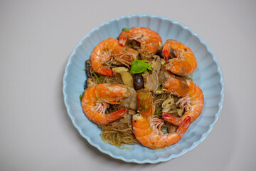 Baked Shrimp with Glass Noodles. Cuisine Thailand style on top view. 