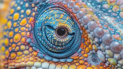 Textured Beauty, Macro Shot of Chameleon's Color-Changing Skin with Detailed Chromatophores Display, High-Resolution DSLR Close-up Photography.
