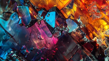 Vibrant 8K Resolution Image of Faceted Mineral Crystal Formation with Vivid Colors and Internal Structures Revealed by Refracted Light.