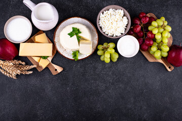 Judaic holiday Shavuot concept. Tzfat cheese and dairy products
