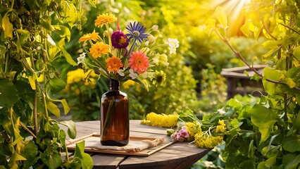 Beautiful flowers in a brown glass bottle placed on a wooden table in the garden