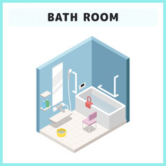 アイソメトリックな介護用品や手すりがついたお風呂のイラスト素材