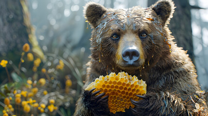 Obraz premium a bear holding a honeycomb