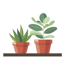 Flat vector illustration of two potted plants on a shelf, using simple shapes, on a white background, with a simple design, simple lines, and a simple color palette of green and brown