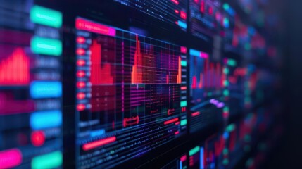 Obraz premium Digital stock market data display with colorful charts and graphs. High-tech finance background showing various stock market trends.
