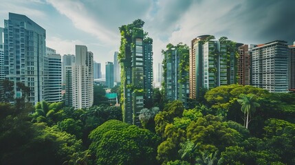 Obraz premium Lush Green Cityscape with Towering Skyscrapers,Stunning Urban Landscape