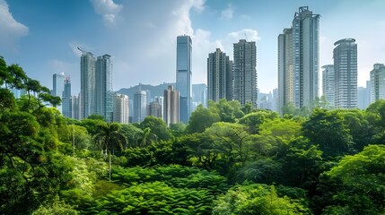 Obraz premium Lush Green Cityscape with Modern Skyscrapers,Serene Urban Beauty of a Thriving Metropolis