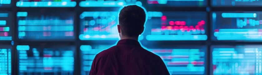 Fototapeta premium Man standing in front of multiple computer screens displaying data. Concept of programming, data analysis, and modern technology.