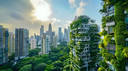 Thriving Urban Landscape with Lush Greenery and Modern Skyscrapers