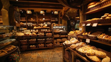 Traditional Bakery Shop with an Array of Bread Varieties and Warm Lighting